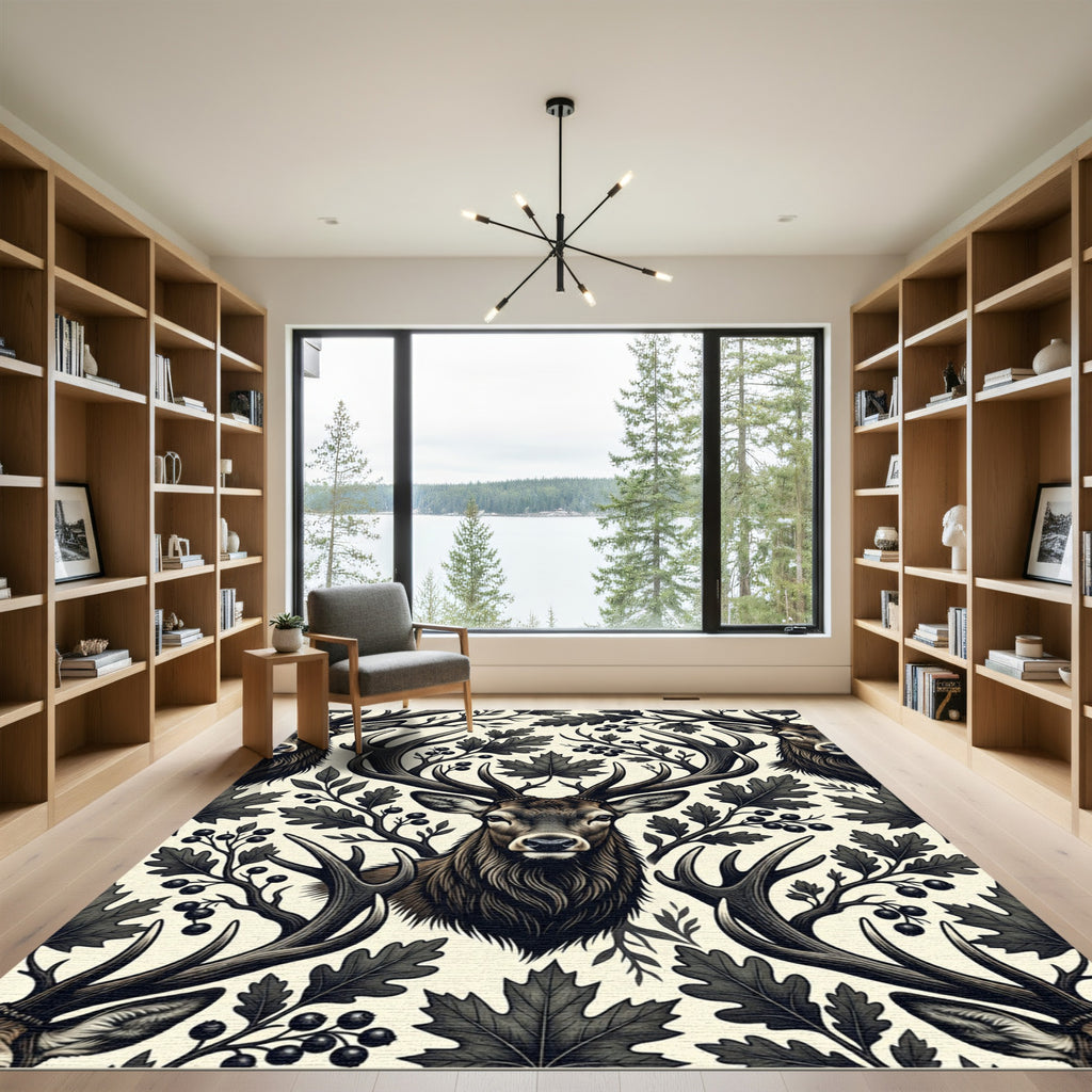 Majestic Woodland Elk Forest Illustration Rug