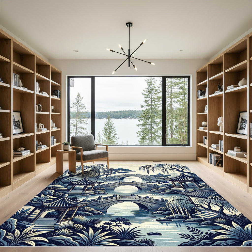 Serene Blue Asian Willow Pagoda Landscape Rug