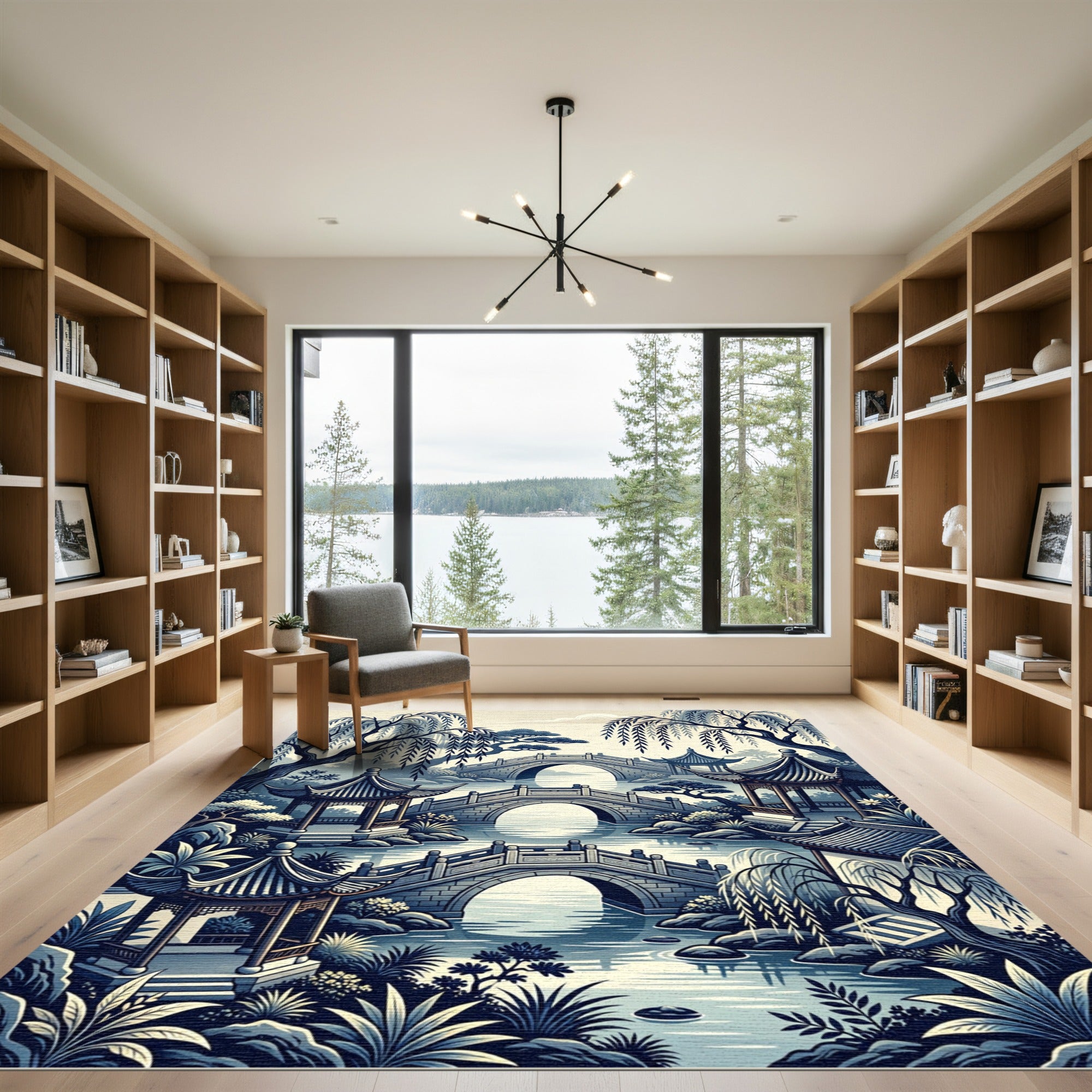 Serene Blue Asian Willow Pagoda Landscape Rug