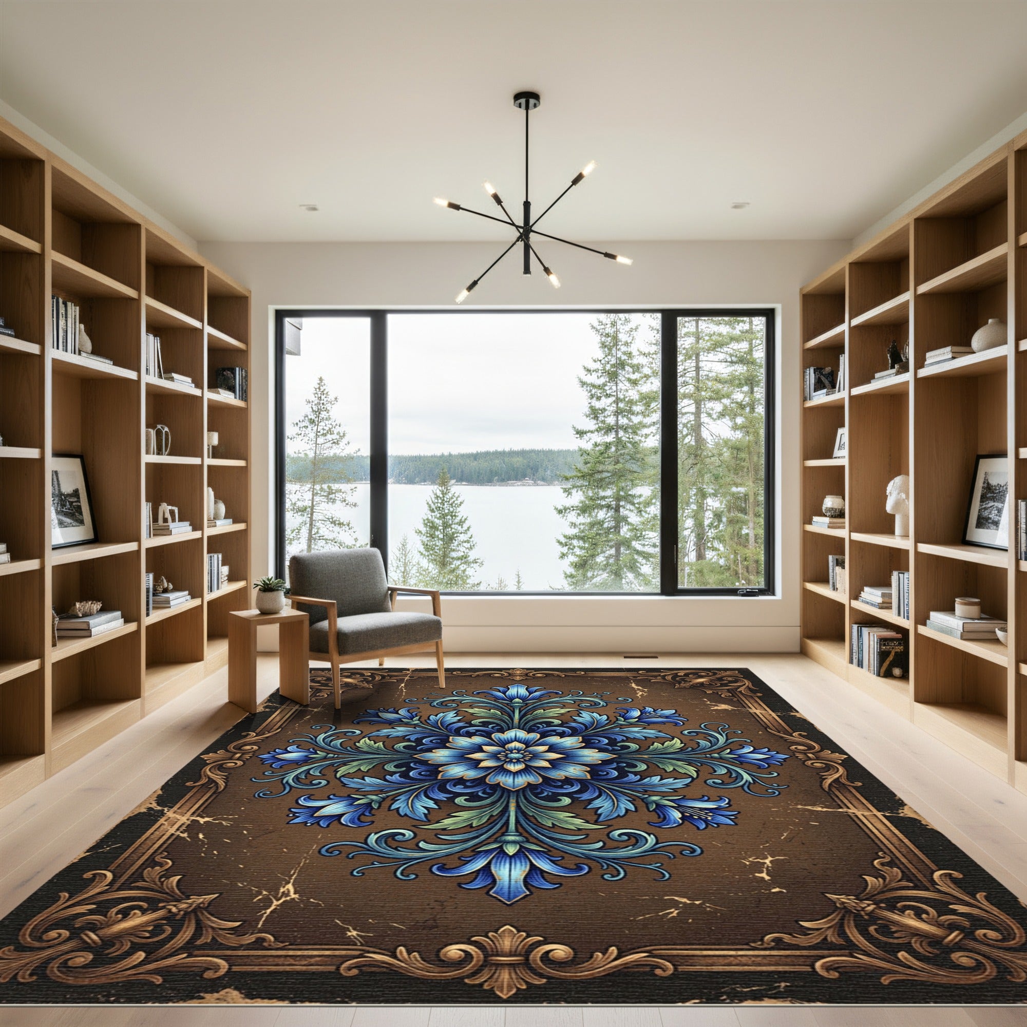 Ornate Blue Floral Damask Medallion Rug