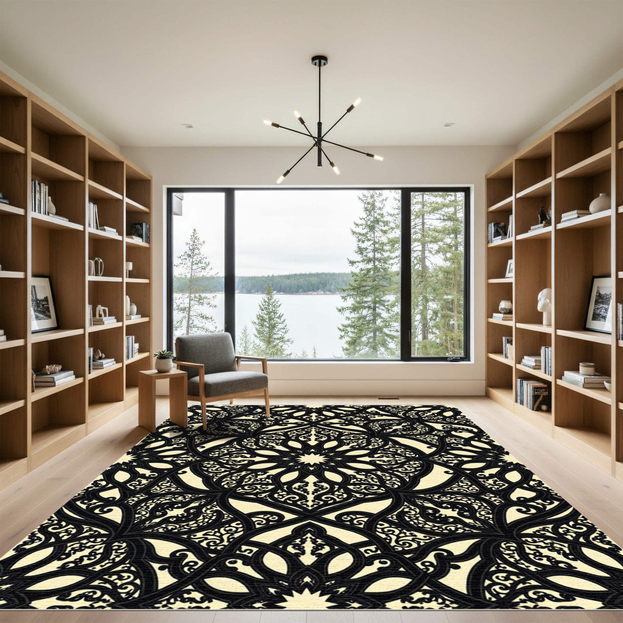 Elegant Black and Cream Filigree Scroll Rug