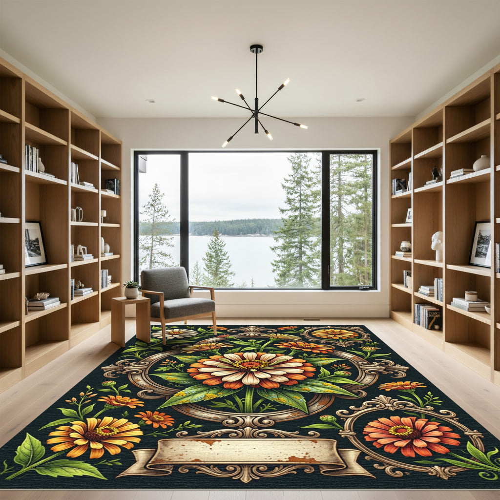 Ornate Floral Gold Zinnia Medallion Rug