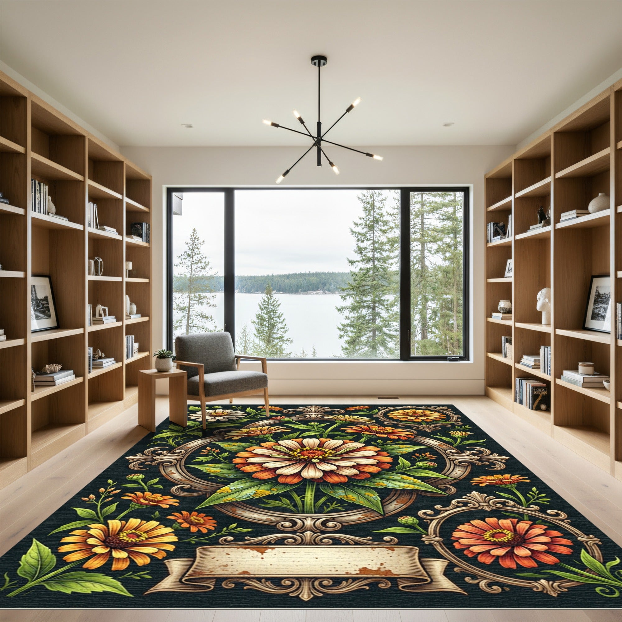 Ornate Floral Gold Zinnia Medallion Rug