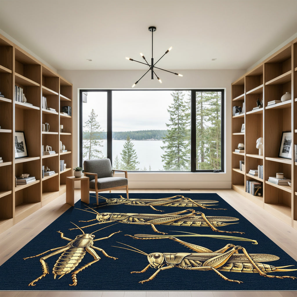 Vintage Golden Entomological Grasshopper Illustration Rug