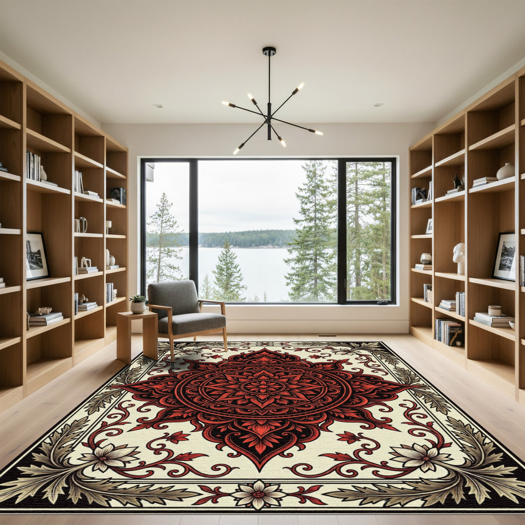 Intricate Crimson Floral Mandala Ornament Rug