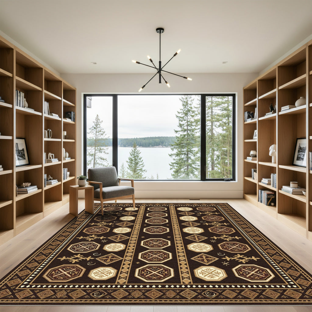 Rich Brown Gold Geometric Octagon Rug