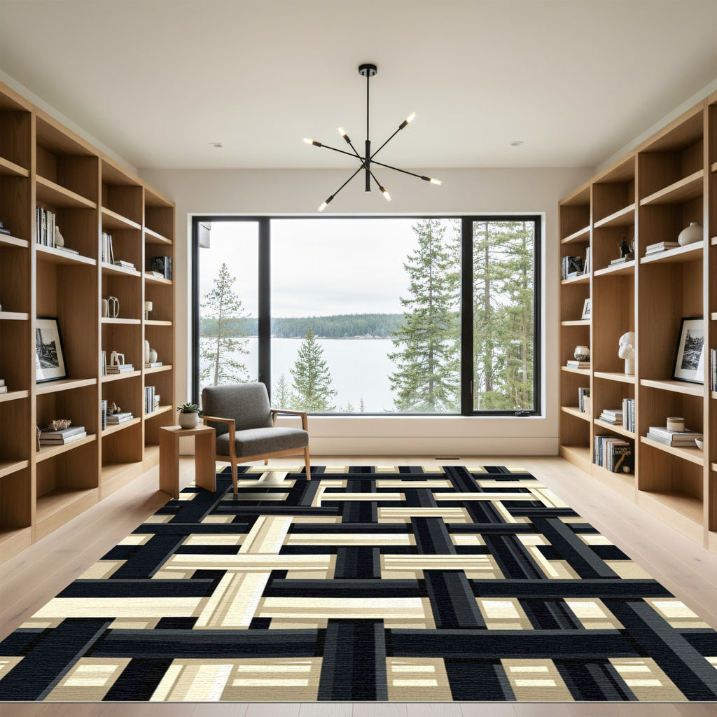 Monochrome Woven Black and Cream Grid Rug
