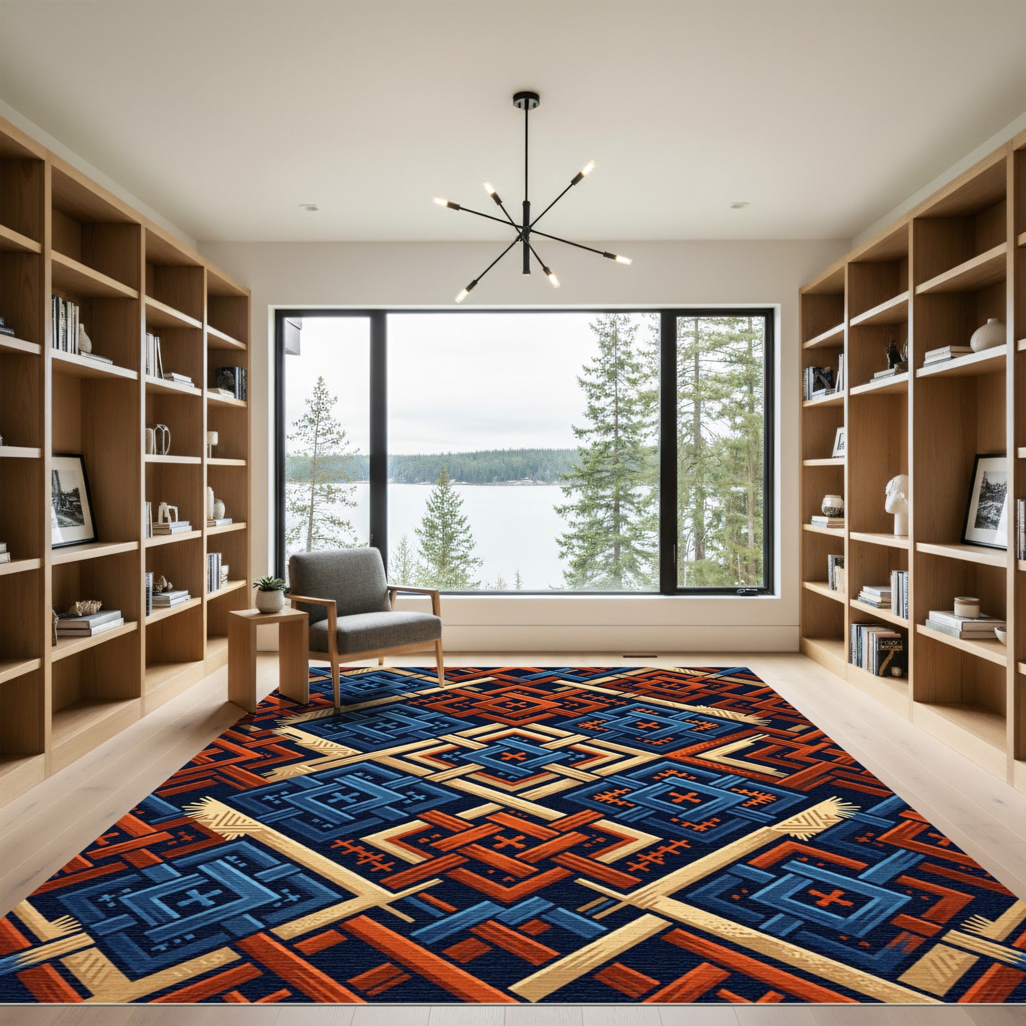 Geometric Indigo and Burnt Orange Weave Rug