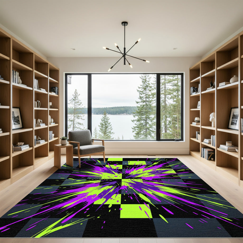 Neon Purple and Lime Splatter Grid Rug