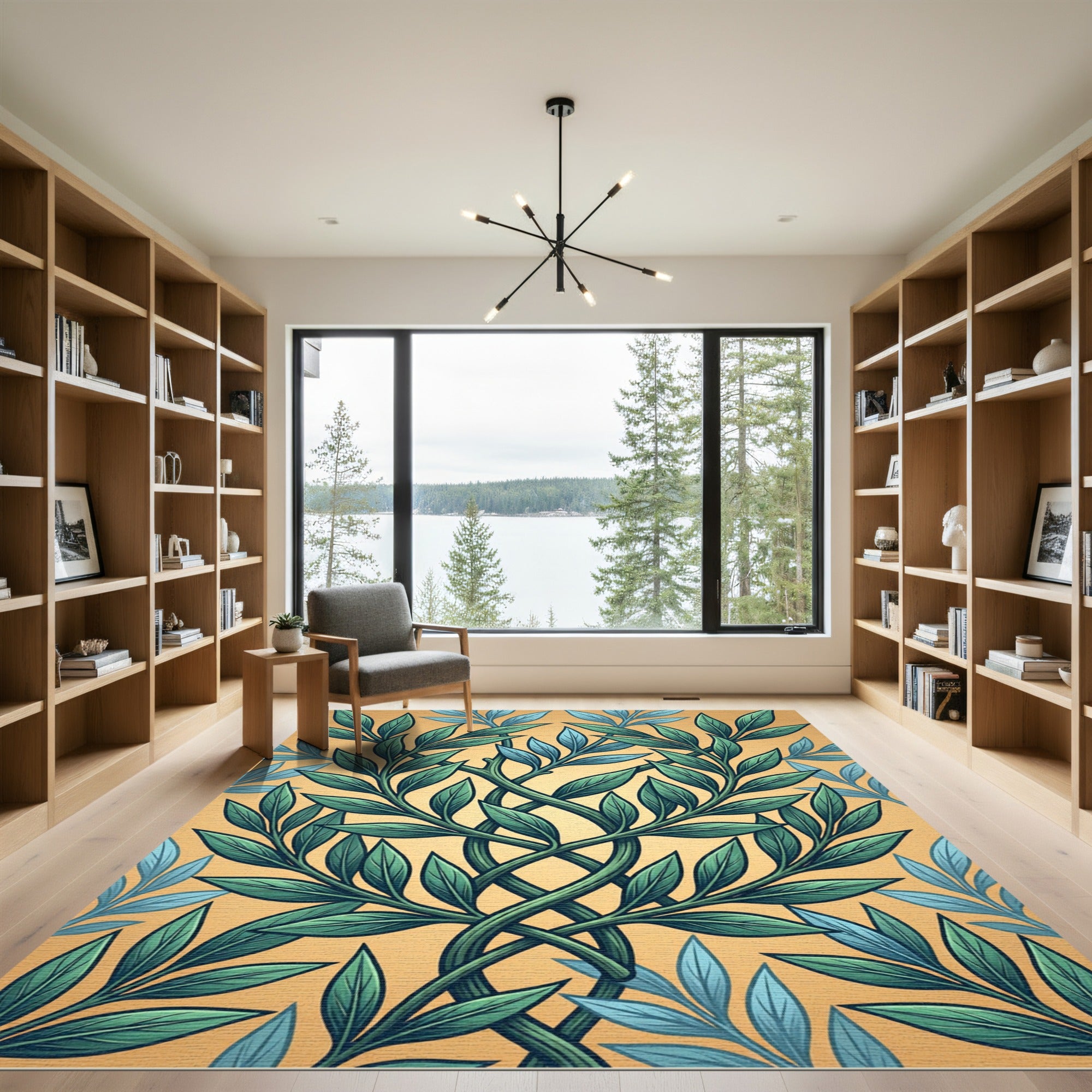 Intertwined Botanical Leaves in Golden Teal Rug
