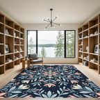 Midnight Blue Botanical Floral Medallion Rug