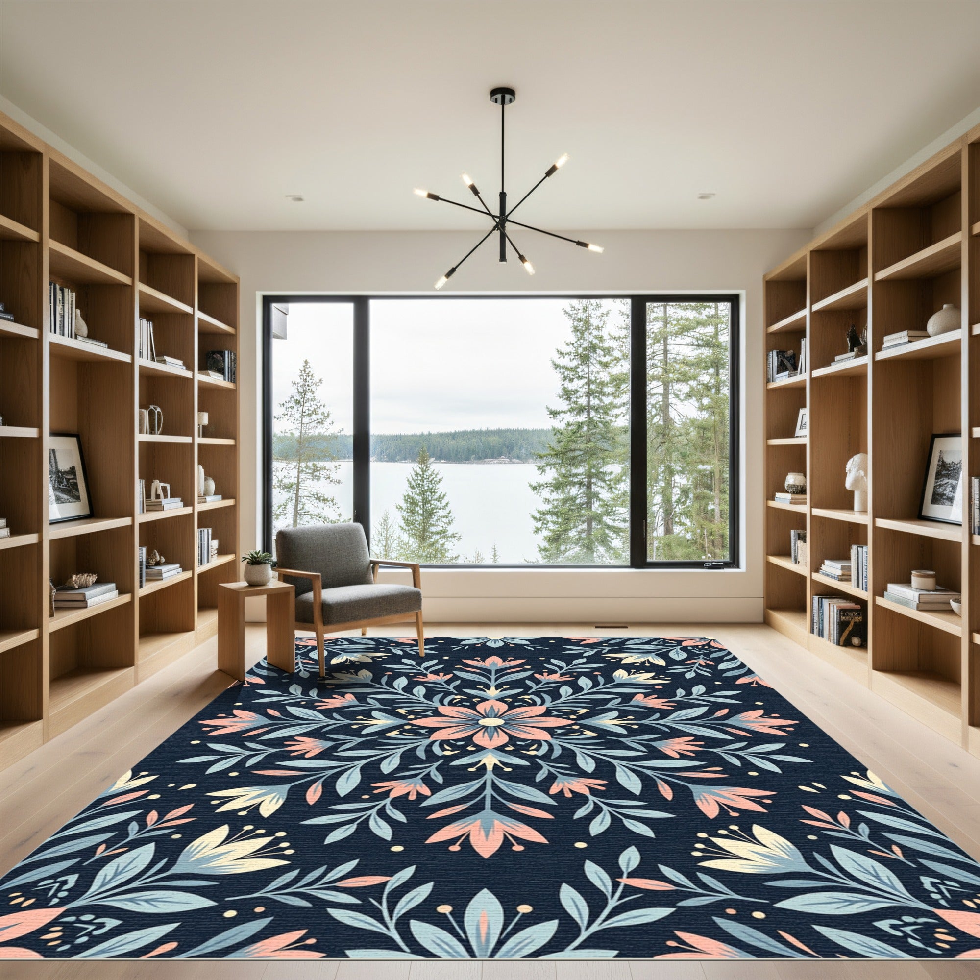 Midnight Blue Botanical Floral Medallion Rug