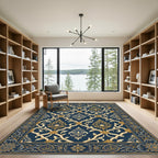 Elegant Navy Gold Damask Scroll Rug