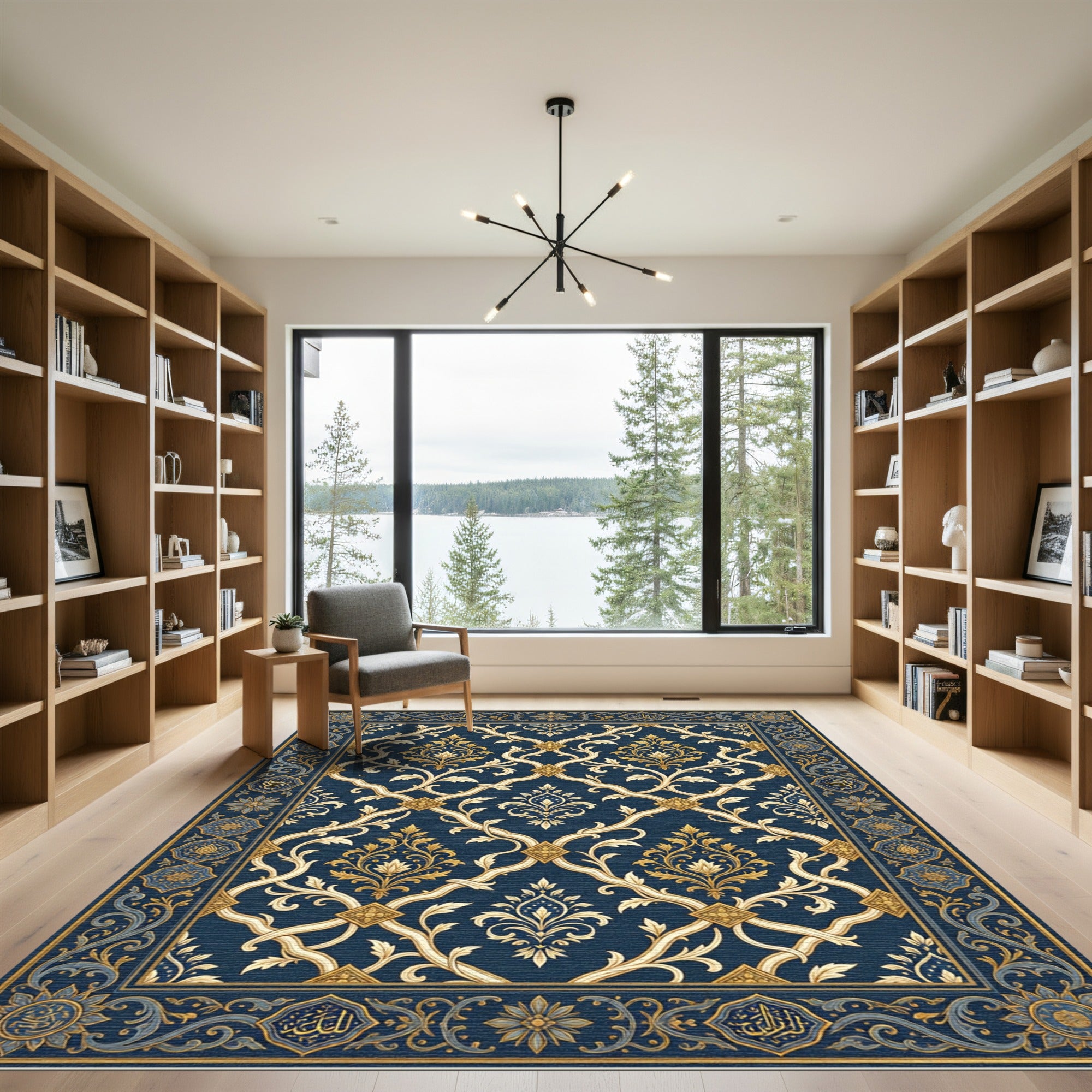 Elegant Navy Gold Damask Scroll Rug