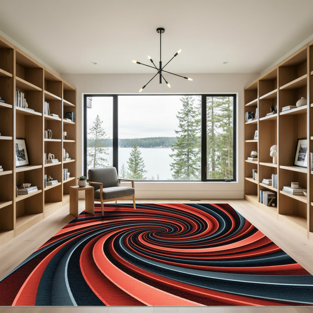Crimson and Charcoal Abstract Vortex Rug