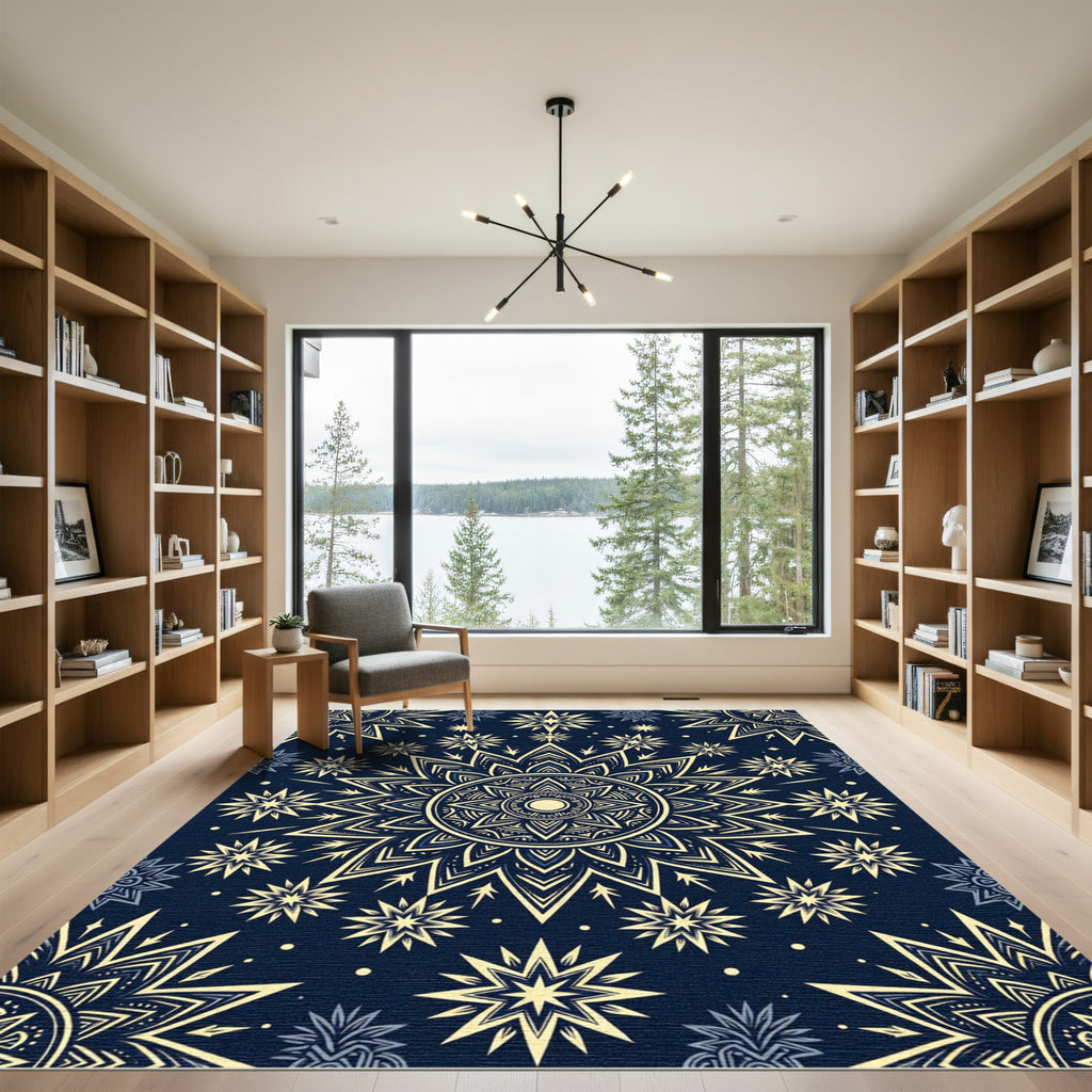 Celestial Navy Blue Starry Mandala Rug