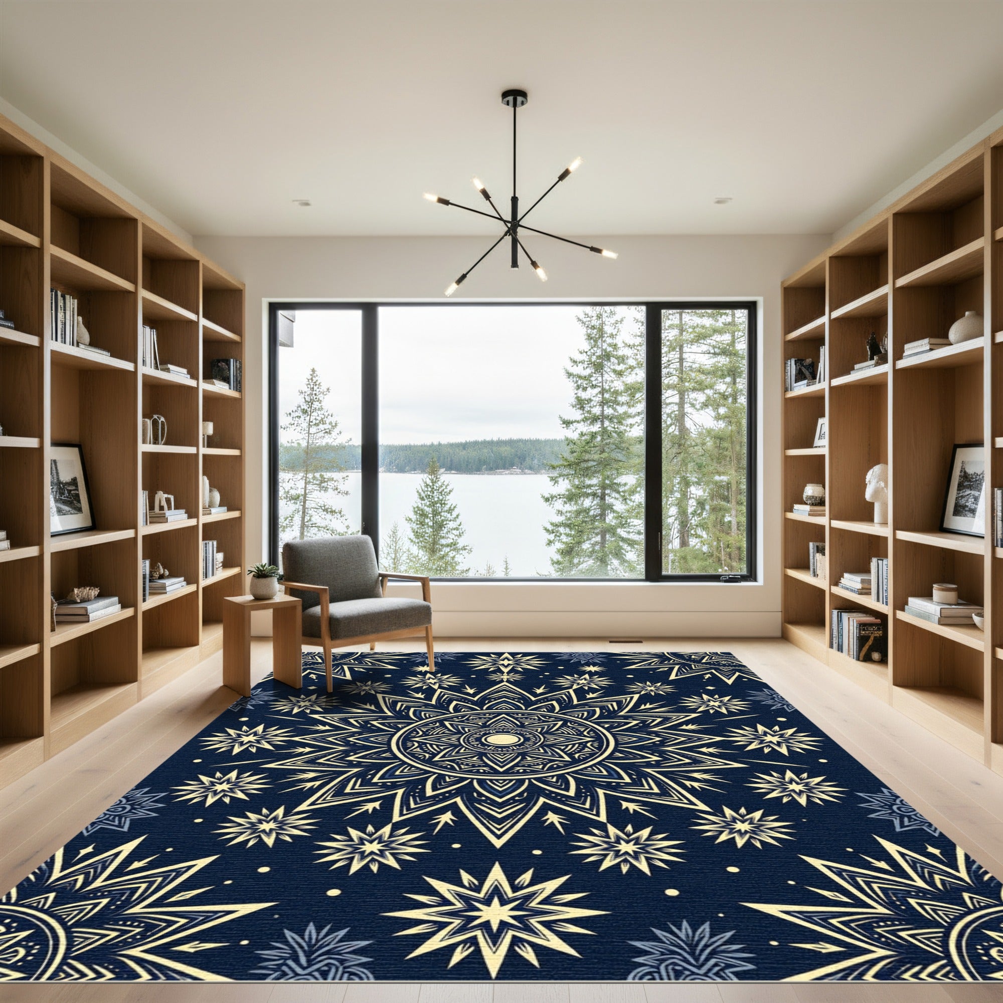 Celestial Navy Blue Starry Mandala Rug