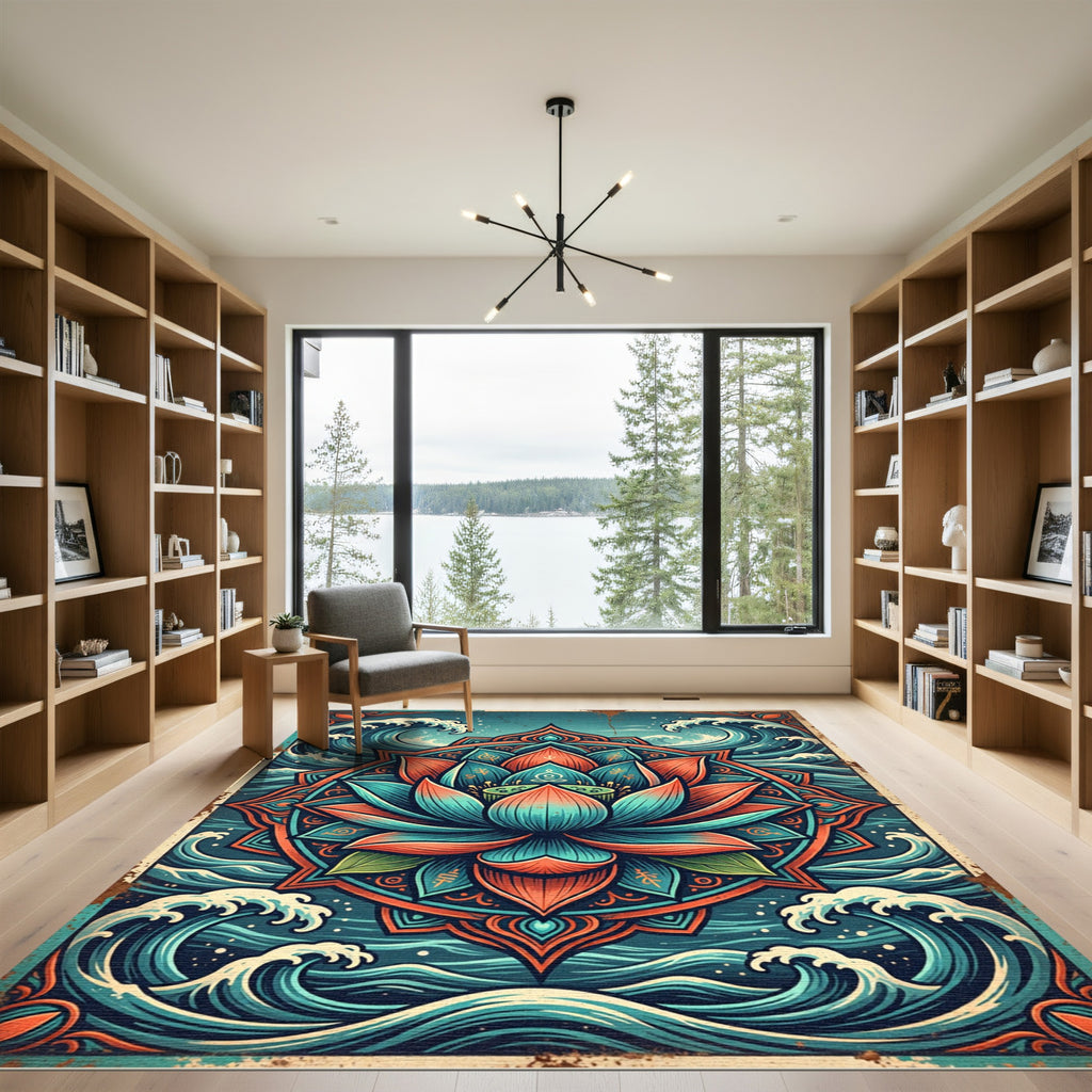 Zen Lotus Bloom with Teal Ocean Waves Rug