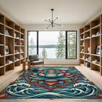 Zen Lotus Bloom with Teal Ocean Waves Rug