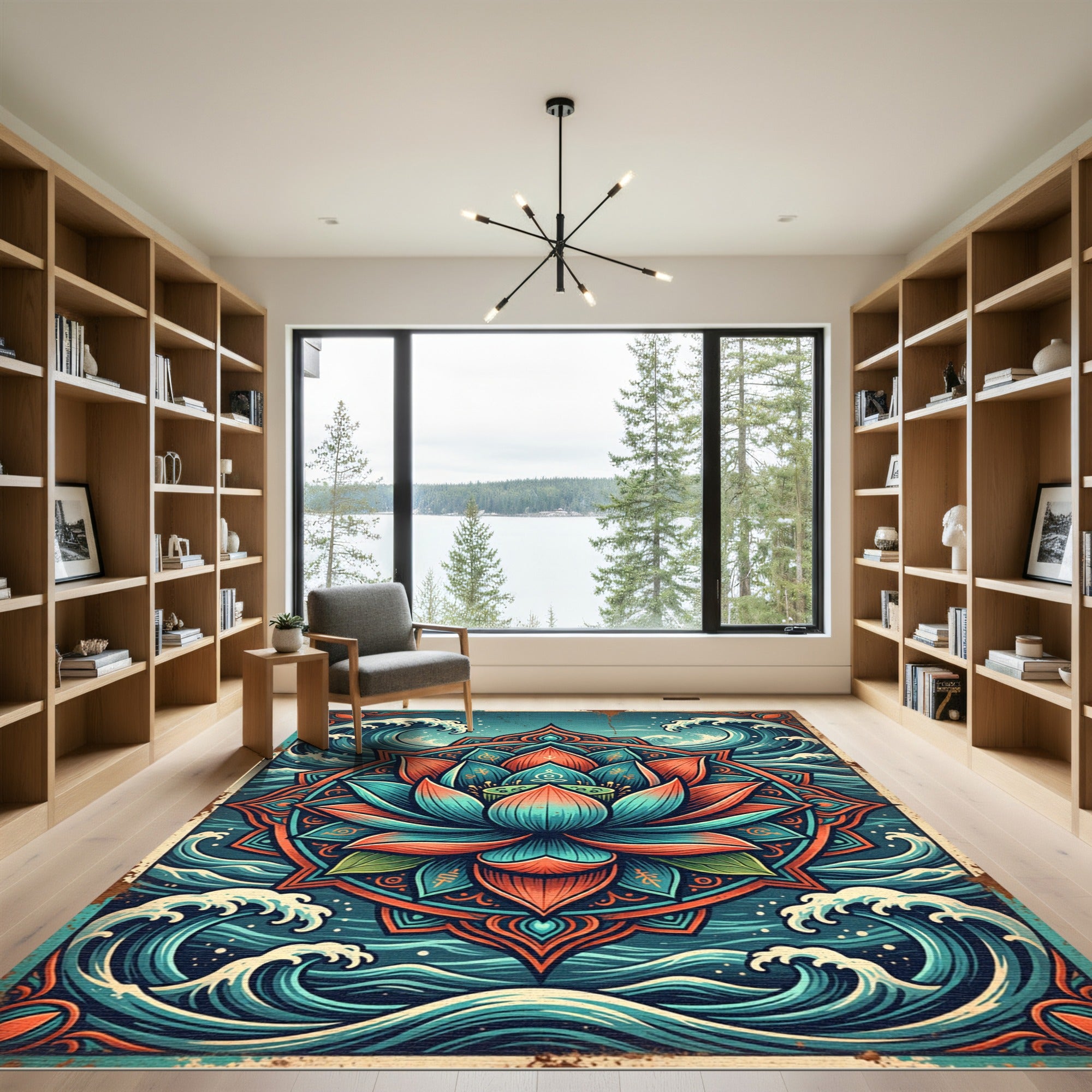 Zen Lotus Bloom with Teal Ocean Waves Rug