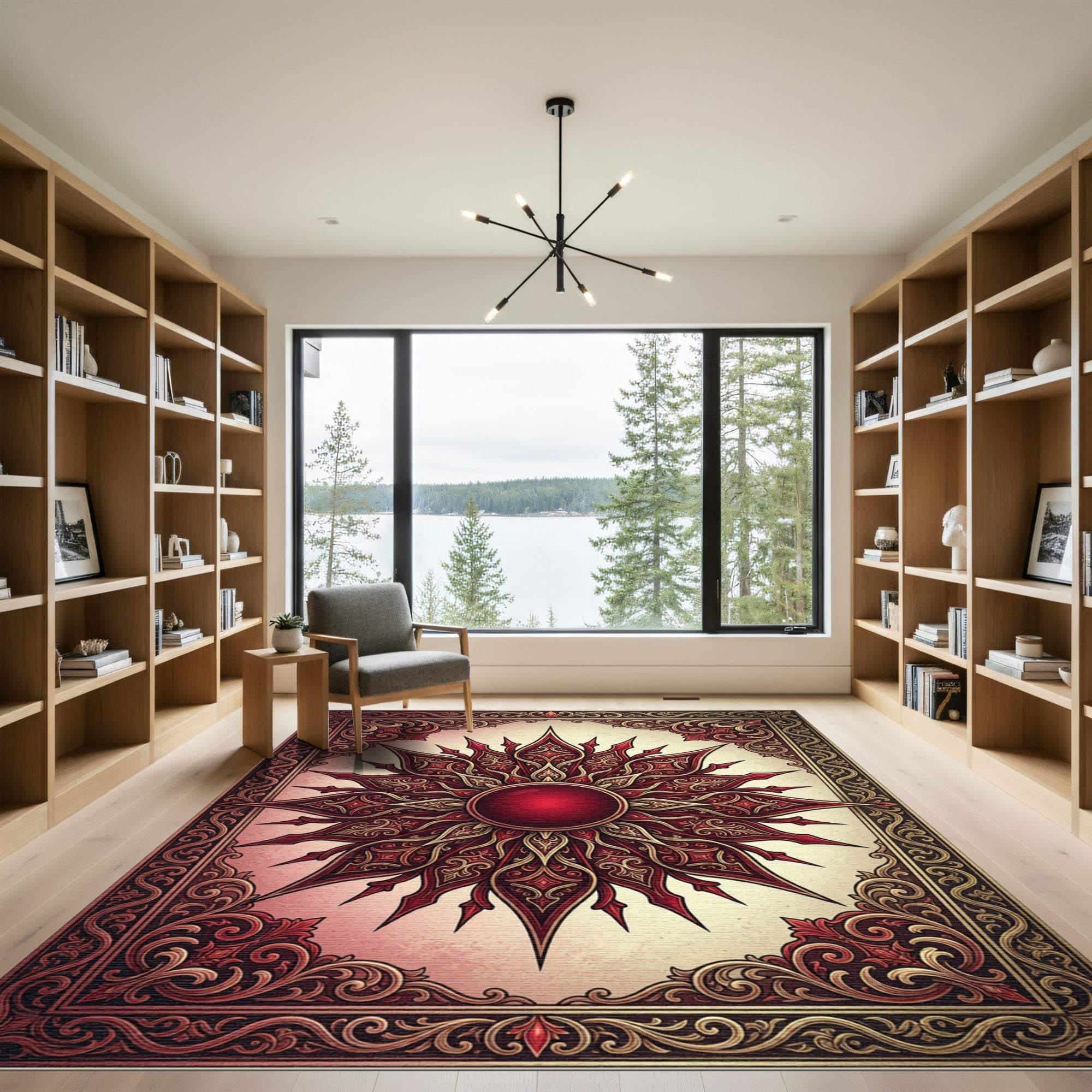 Elegant Crimson Ornate Sunburst Medallion Rug