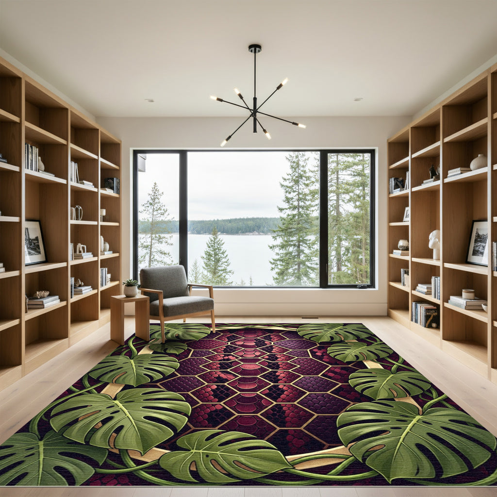 Lush Tropical Monstera Burgundy Snake Hexagon Rug