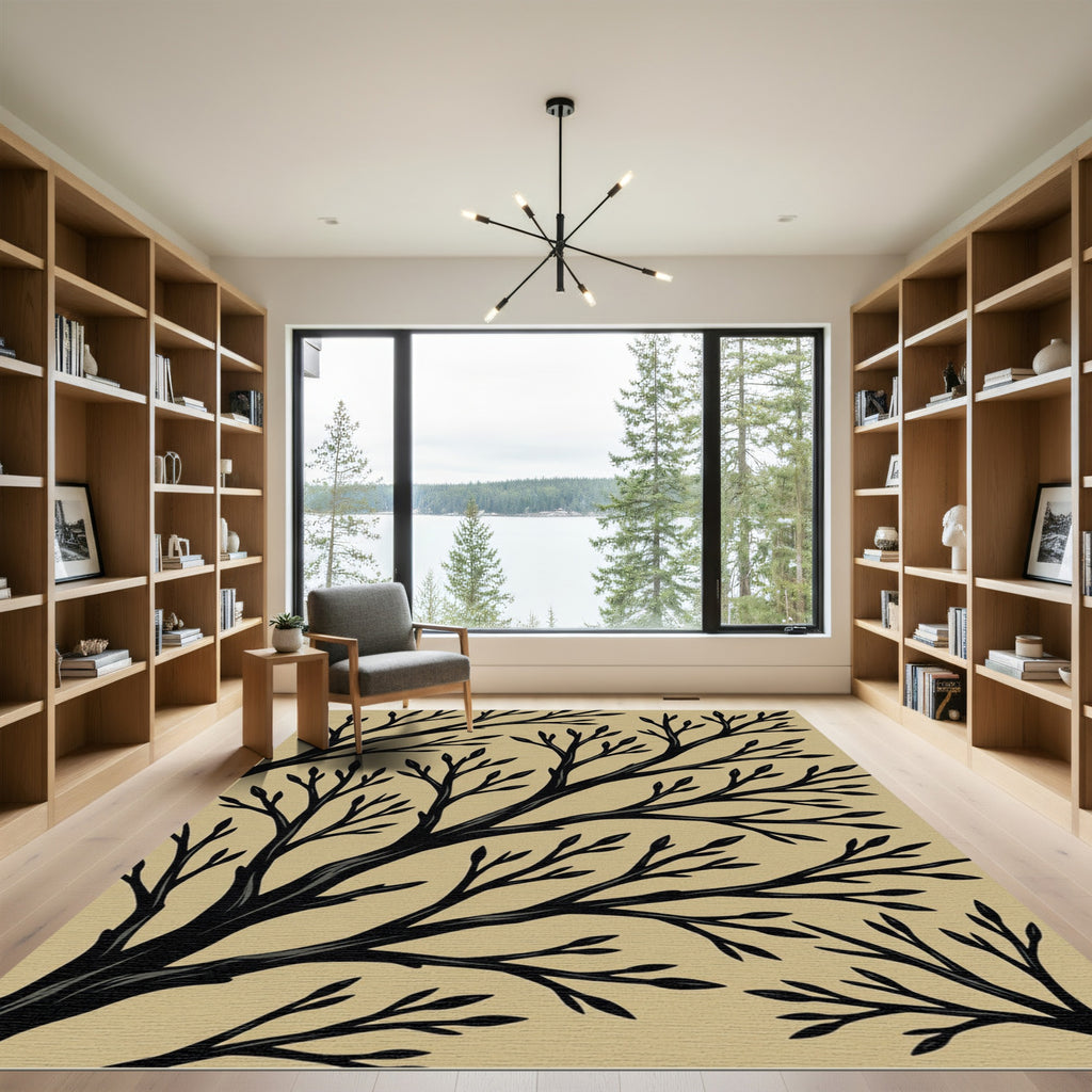Minimalist Black Branching Tree Earthy Rug