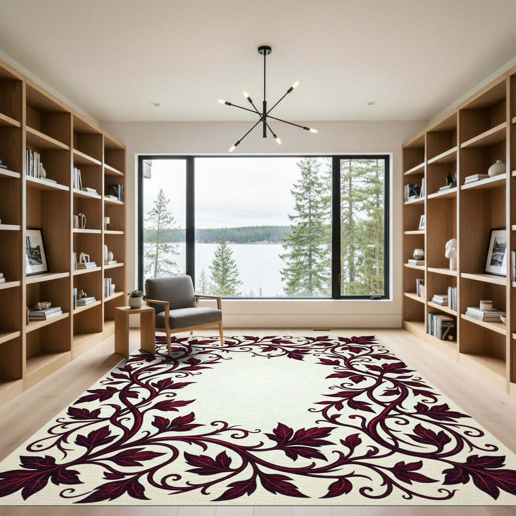 Deep Burgundy Acanthus Scroll Border Rug