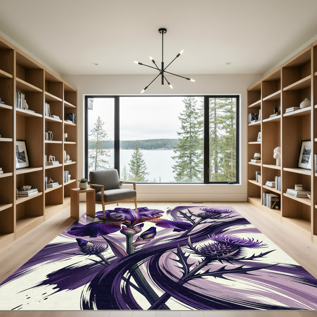 Elegant Purple Iris and Thistle Art Rug