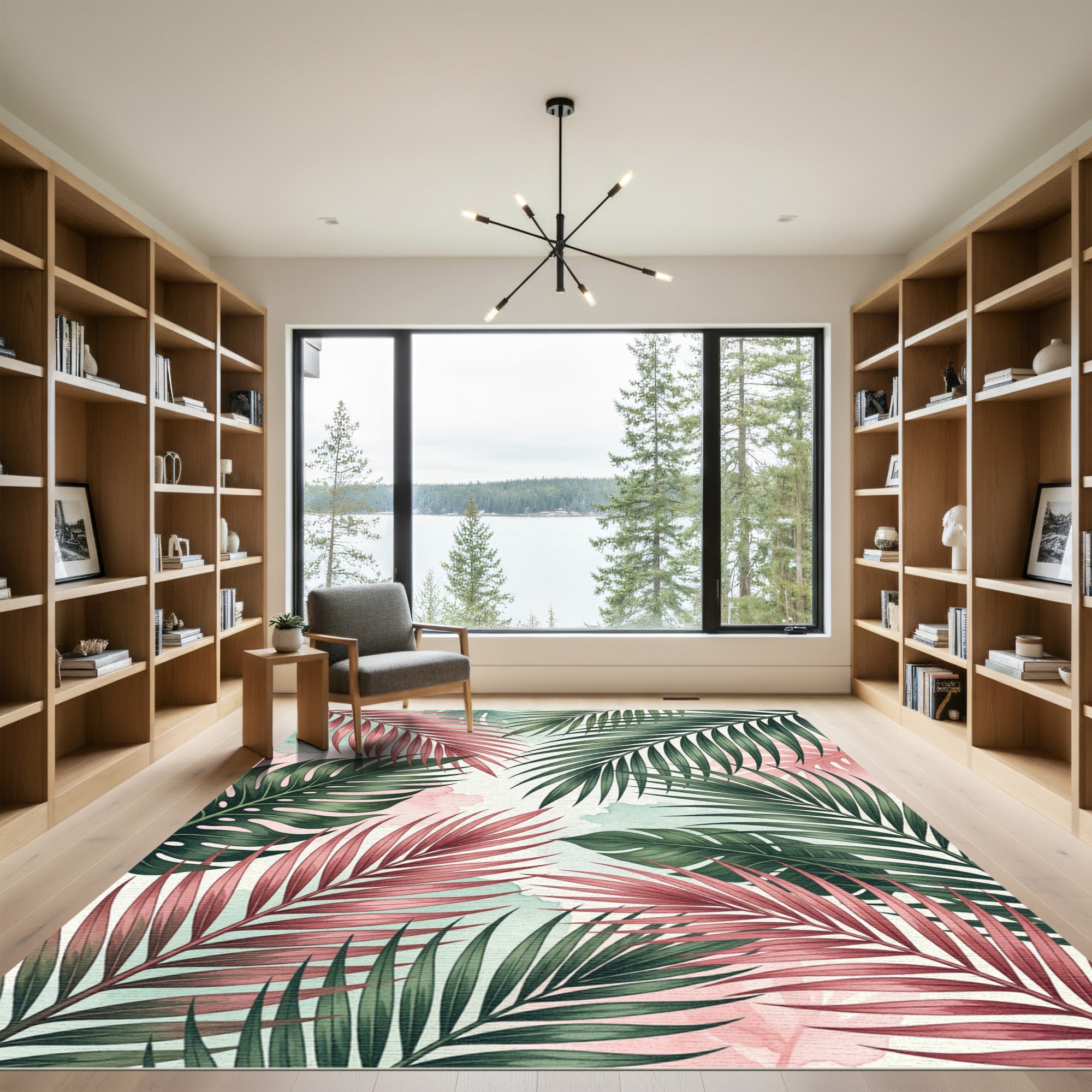 Vibrant Pink and Green Tropical Foliage Rug