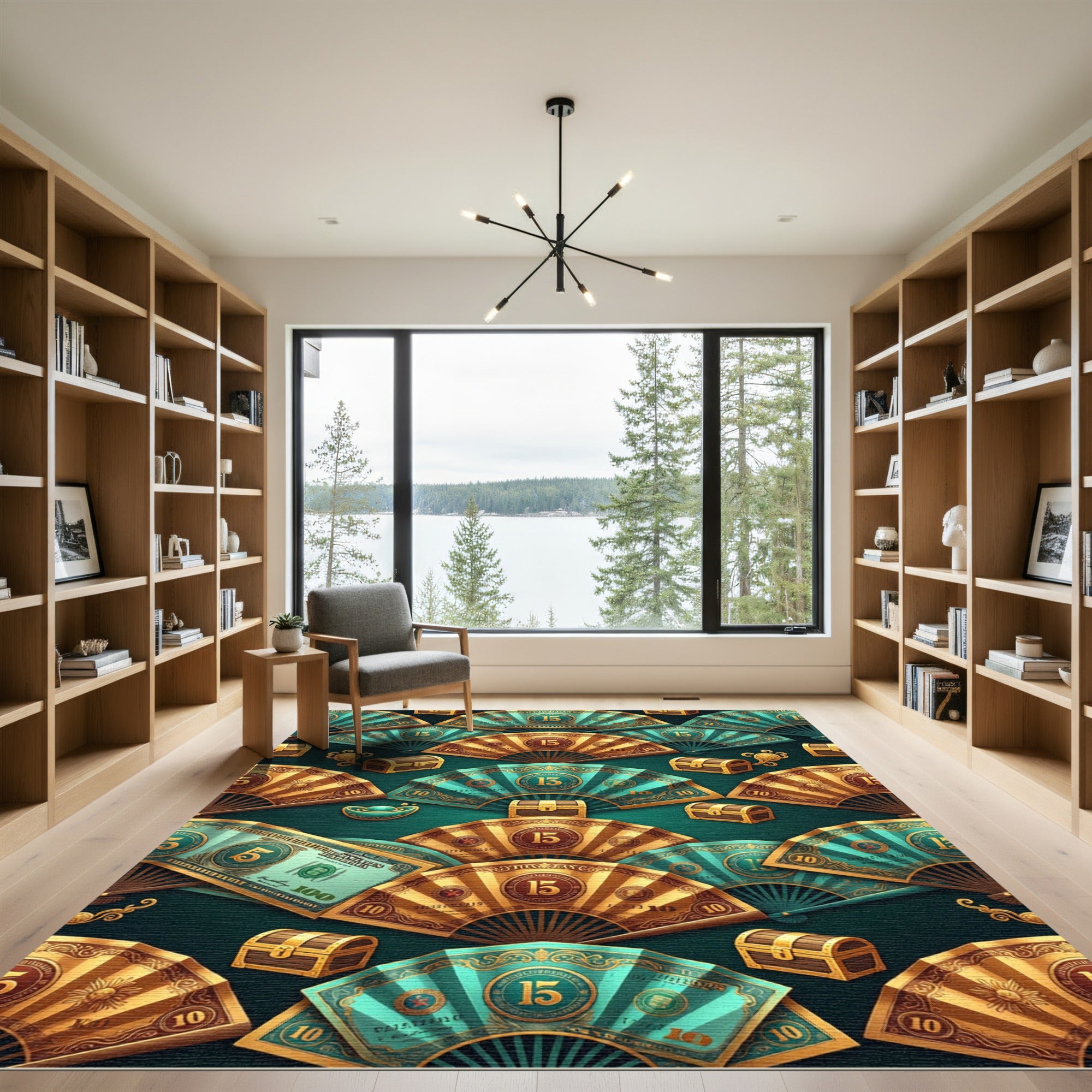 Opulent Teal and Gold Fan Treasure Rug
