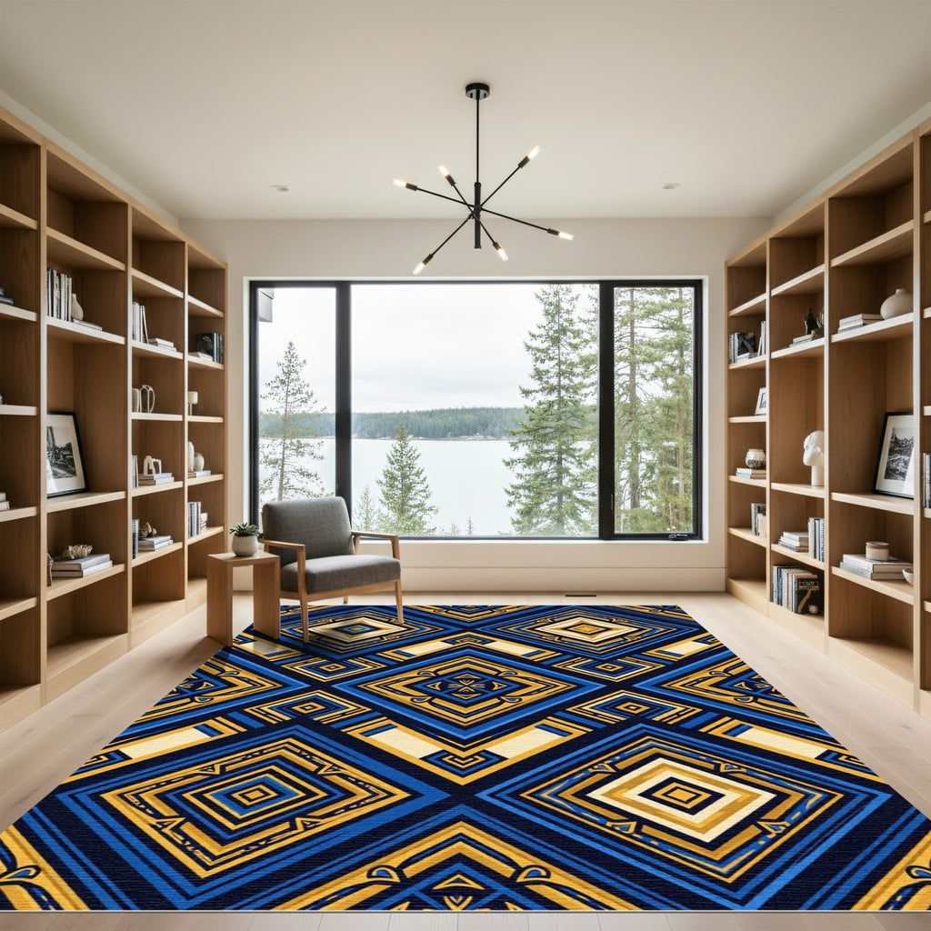 Geometric Gold and Deep Blue Diamond Rug