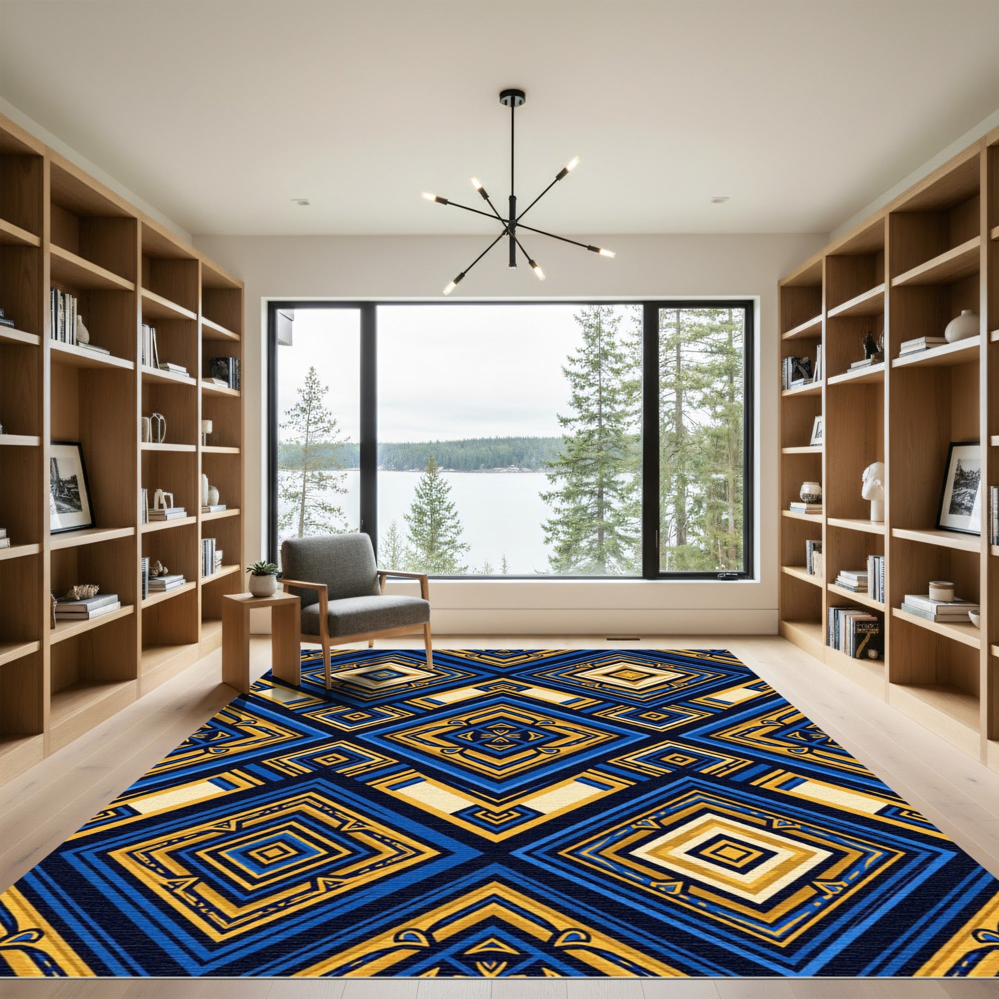 Geometric Gold and Deep Blue Diamond Rug