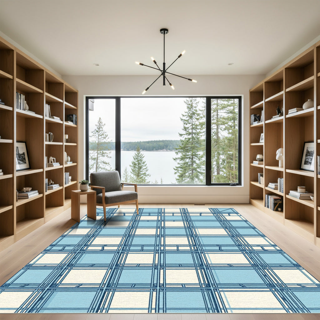Geometric Blue and Cream Grid Rug