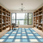 Geometric Blue and Cream Grid Rug