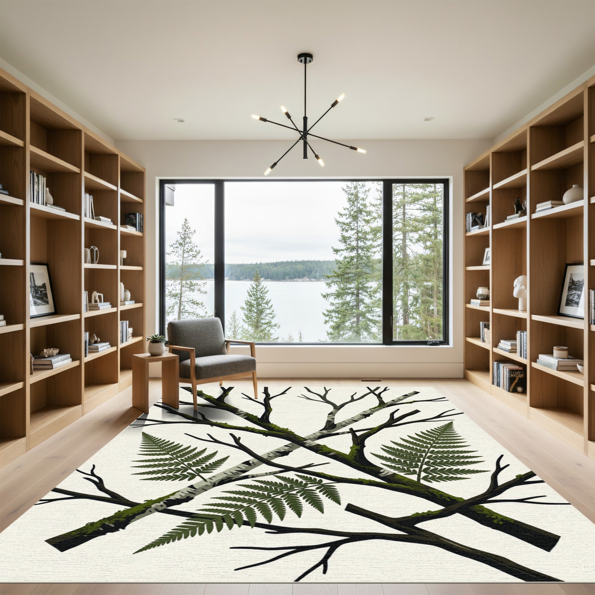 Crossed Birch Branches Fern Botanical Art Rug