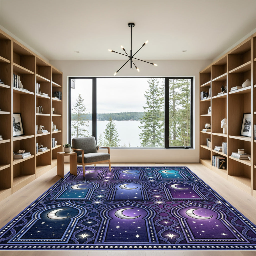 Midnight Crescent Moon Starry Night Windows Rug