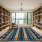Deep Blue Ochre Striped Frame Rug