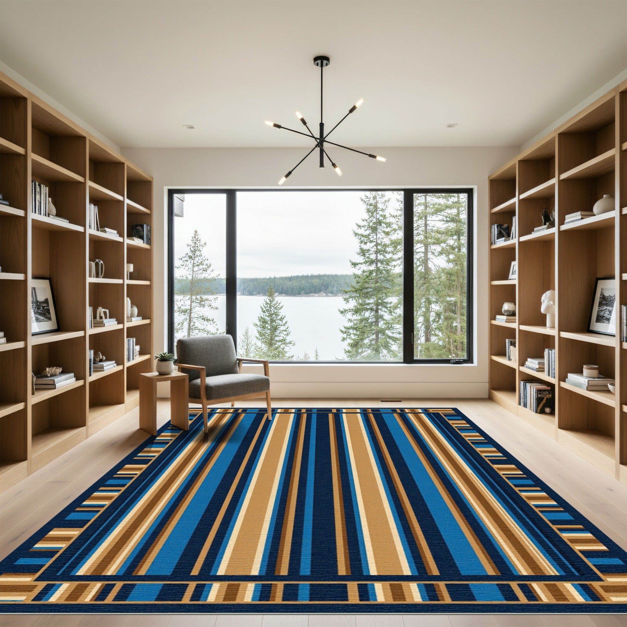 Deep Blue Ochre Striped Frame Rug