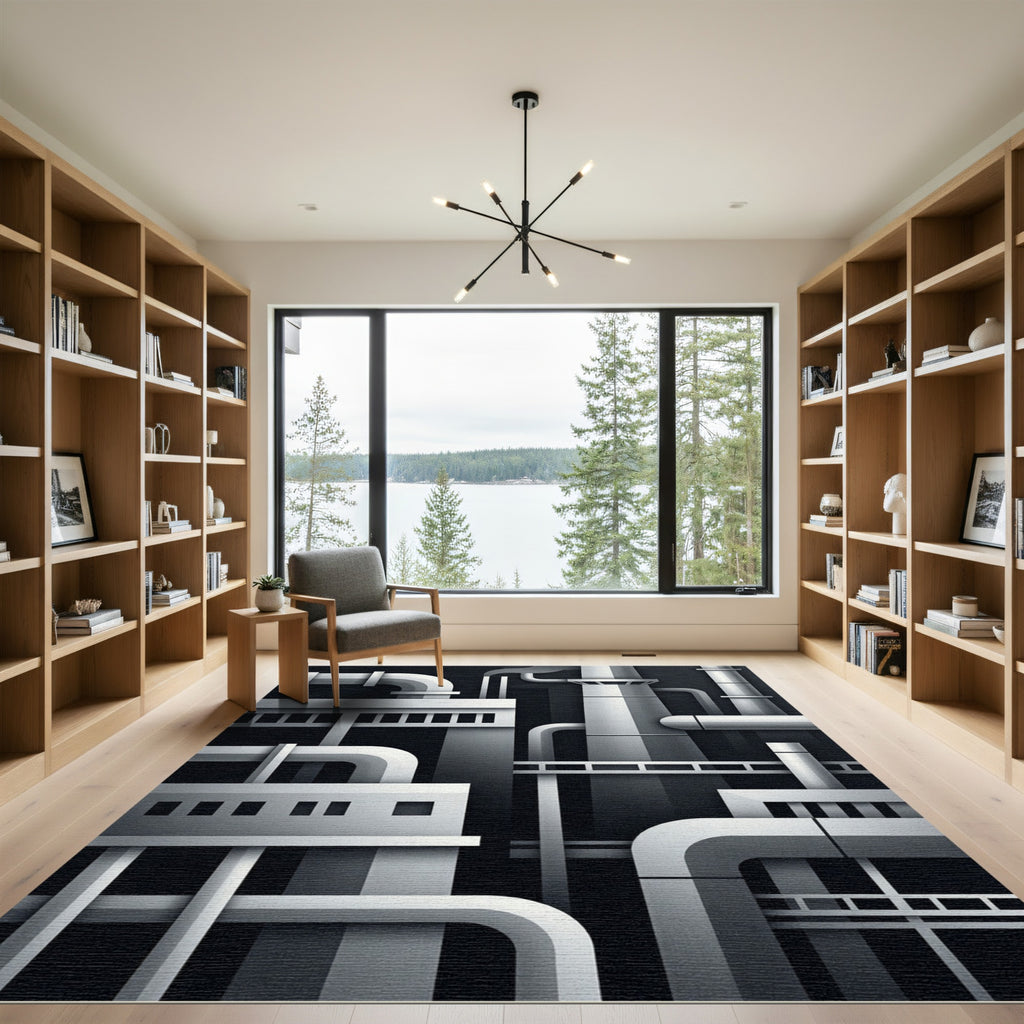 Monochromatic Industrial Geometric Factoryscape Rug