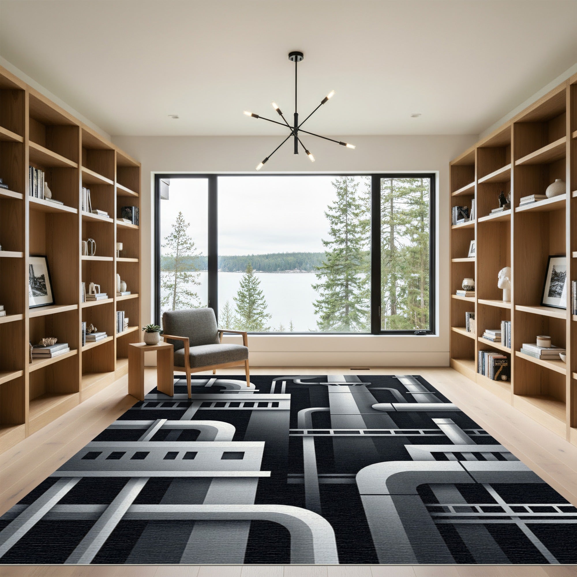 Monochromatic Industrial Geometric Factoryscape Rug