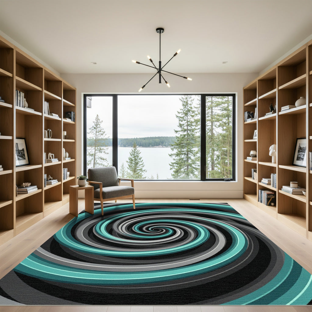 Modern Teal and Gray Hypnotic Swirl Rug