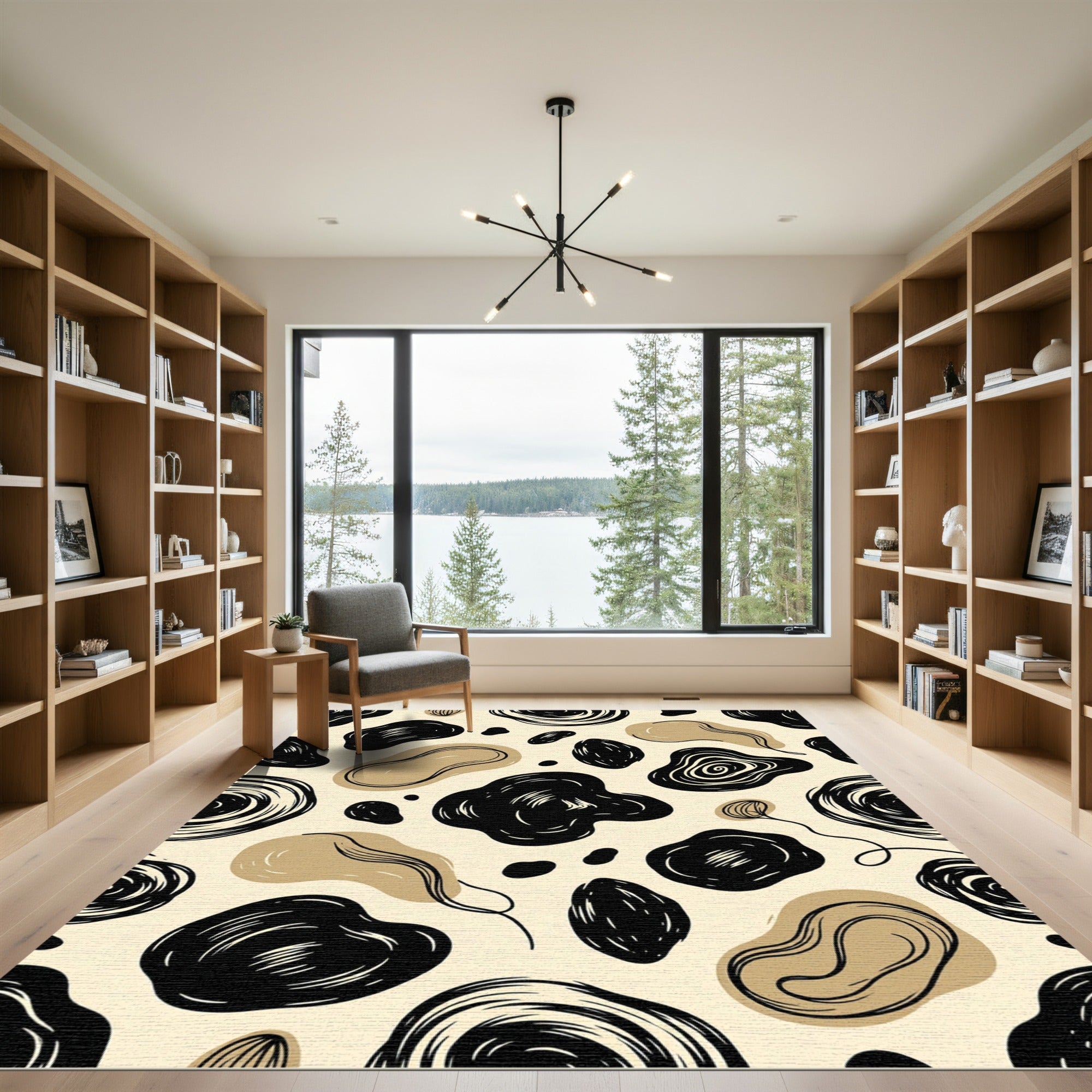 Abstract Black Tan Organic Shapes Rug