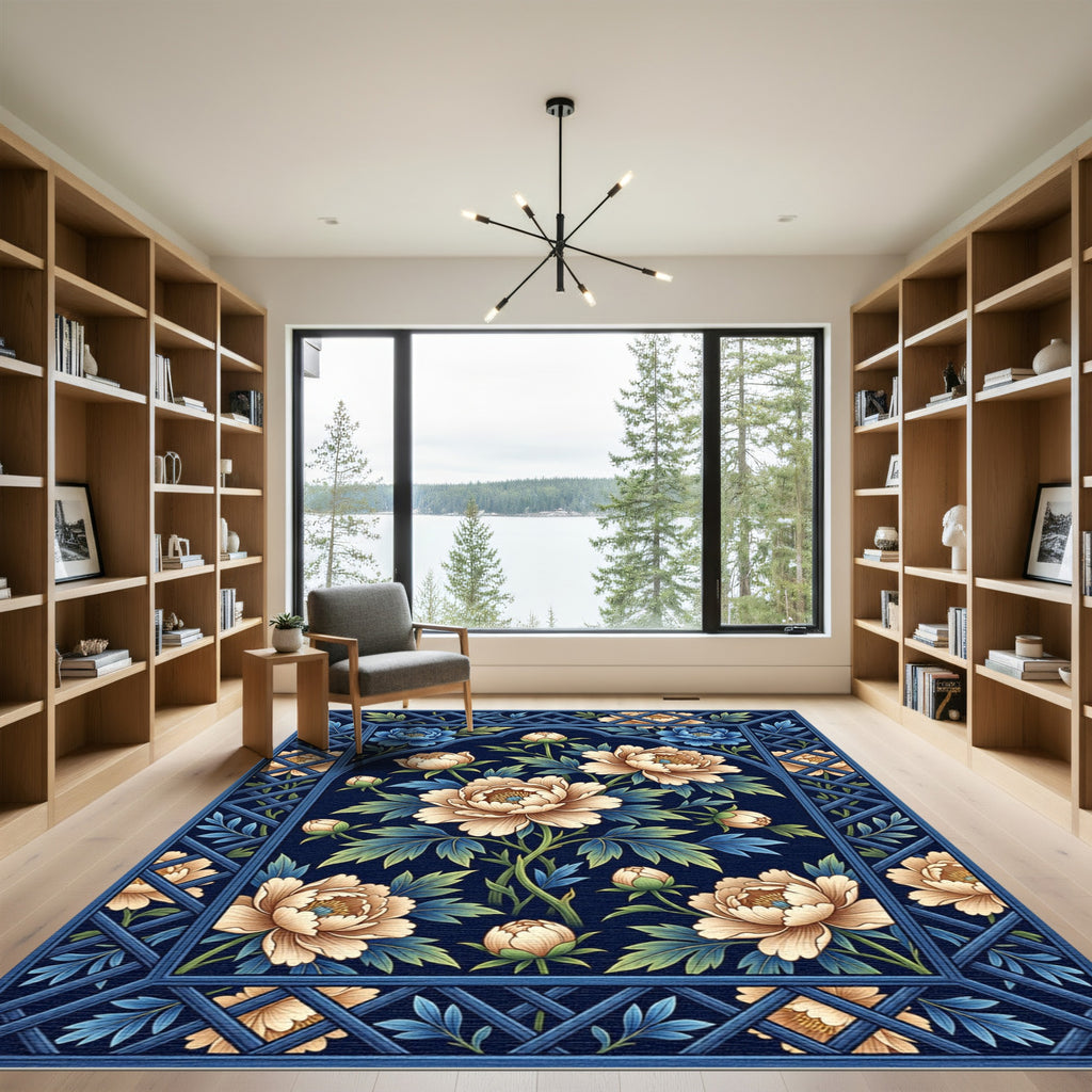 Naval Blue Floral Lattice Art Rug
