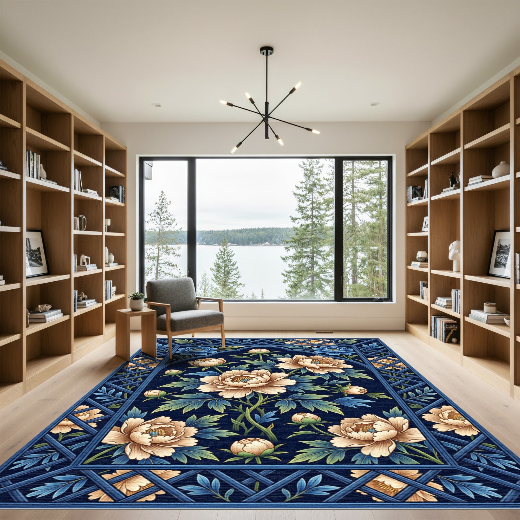 Naval Blue Floral Lattice Art Rug