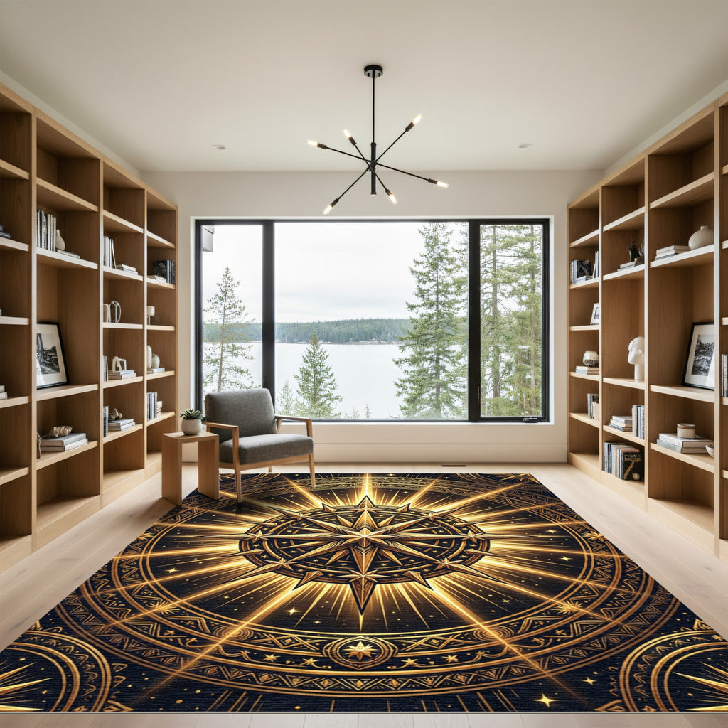 Golden Starry Radiant Mandala Rug