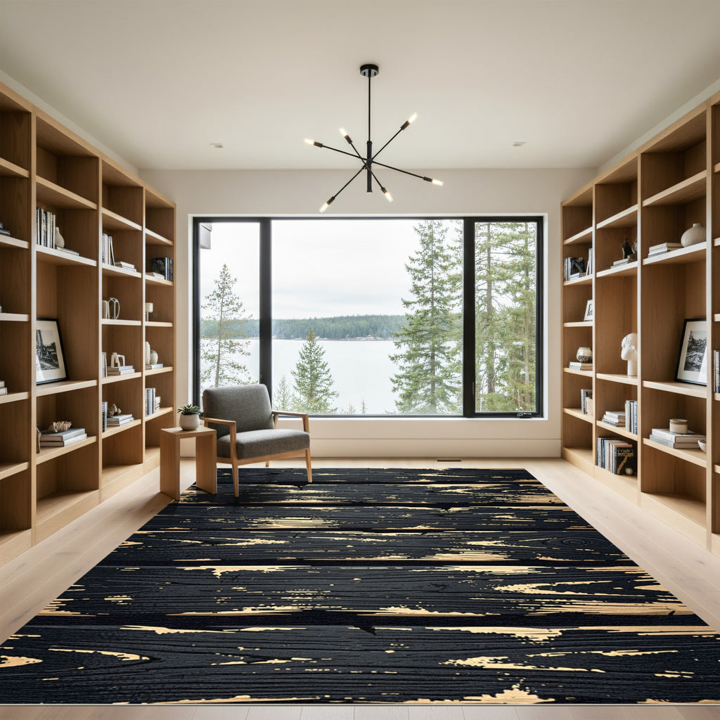 Distressed Black Wood Grain Plank Rug