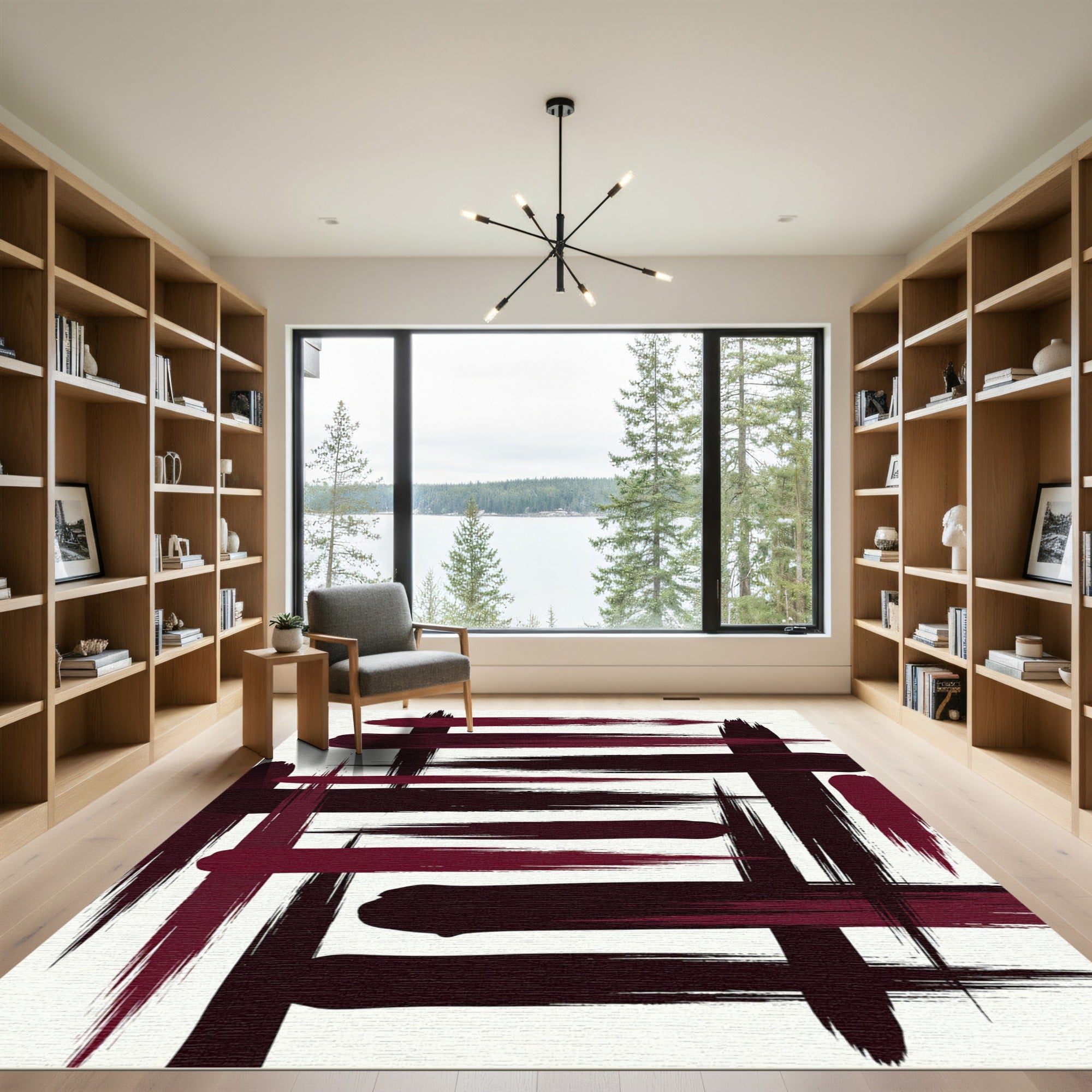 Bold Crimson and Black Abstract Strokes Rug