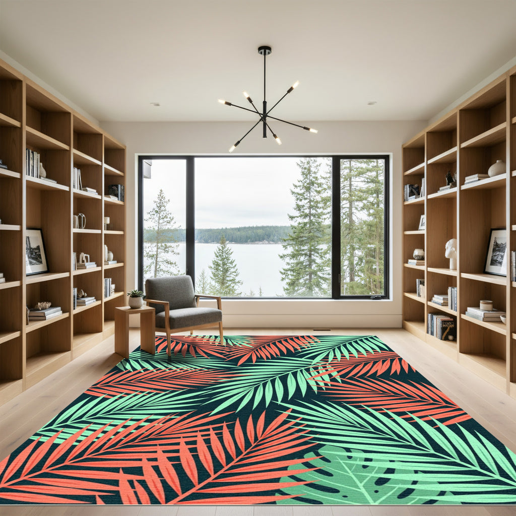 Vibrant Coral and Teal Tropical Fronds Rug