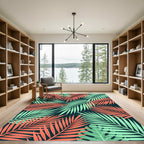 Vibrant Coral and Teal Tropical Fronds Rug